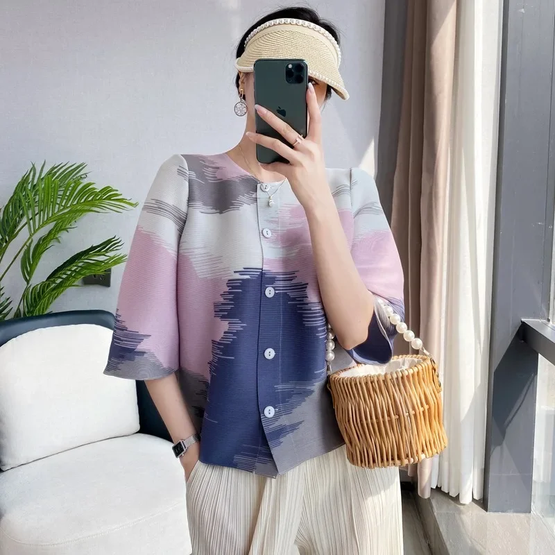 

Pleats Pleated Print Fashion Shirts And Blouses 2023 Summer New Korean Style Simple Casual Plus Size Slim Short Top