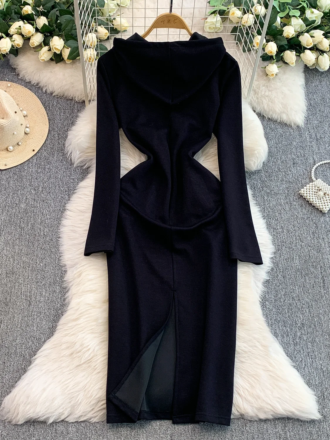 Elegancka koreańska spódnica damska z kapturem, wyszczuplająca, patchworkowa, jesienno-zimowa, z wysokim stanem, w paski, długa, modna, do pracy.