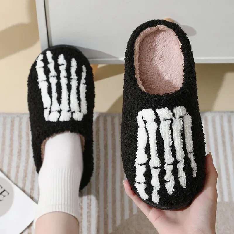 Halloween Home Slipper Women Plush Indoor Floor Non Slip Men Male House Shoes Fuzzy Winter Warm skull cartoon Female Plaid Gift