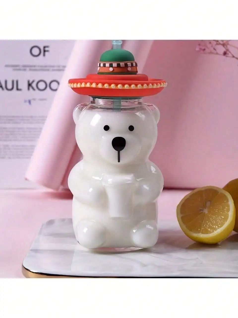 590ml/20oz Cute Bear Shaped Glass Cup with Cowboy Hat Lid & Straw, Transparent Adorable Bear Drinking Bottle, Durable Playful Drinkware for Home Office, Gift for Women Girls Birthday Housewarming Bridesmaid Graduation Holiday
