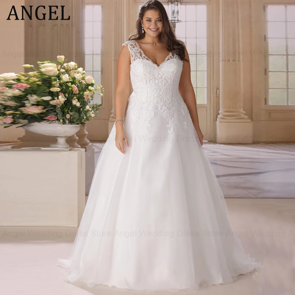 ANJO-Vestidos de casamento elegantes, plus size, linha A, decote em v profundo, sem mangas, apliques de tule, vestidos de noiva, novo, 2021, Novia