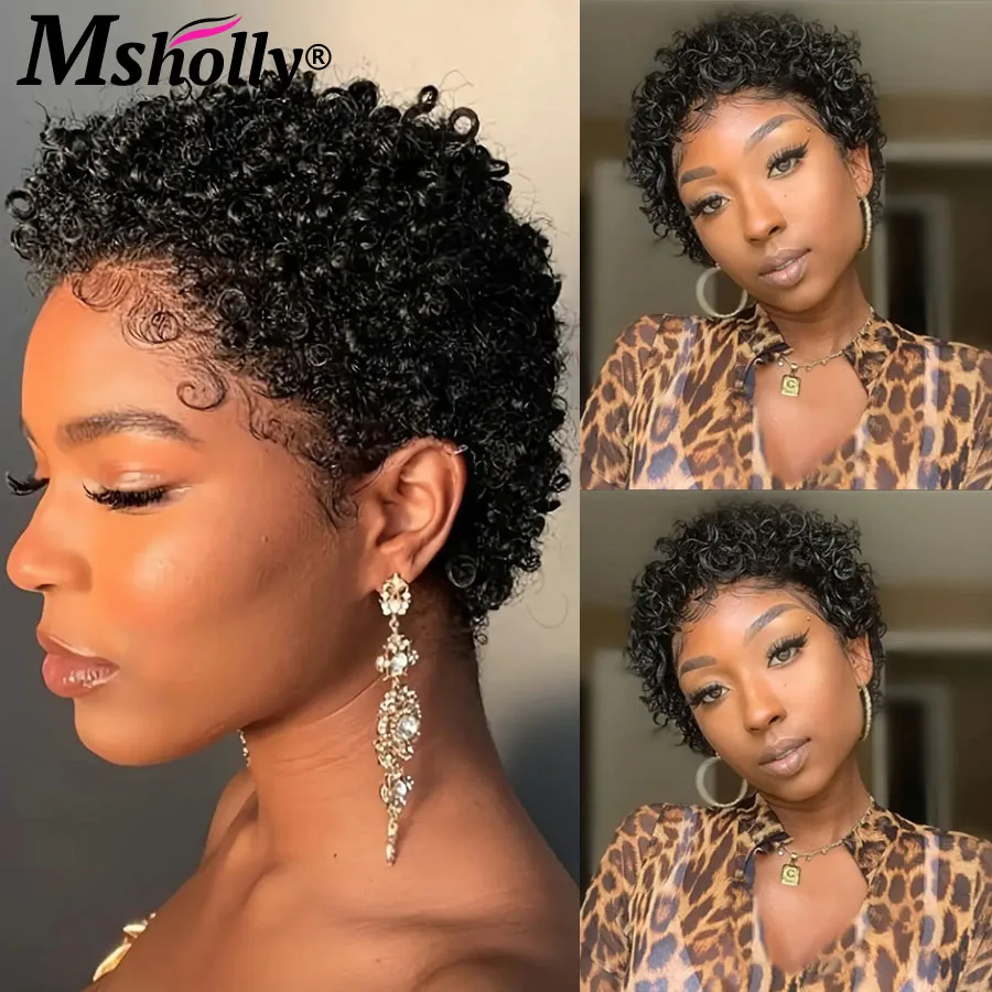 

Short Bob Cut Afro Kinky Curly Human Hair Wigs For Women 180% Density Pixie Cut Curly Wig Human Hair Black Full Machine Made Wig