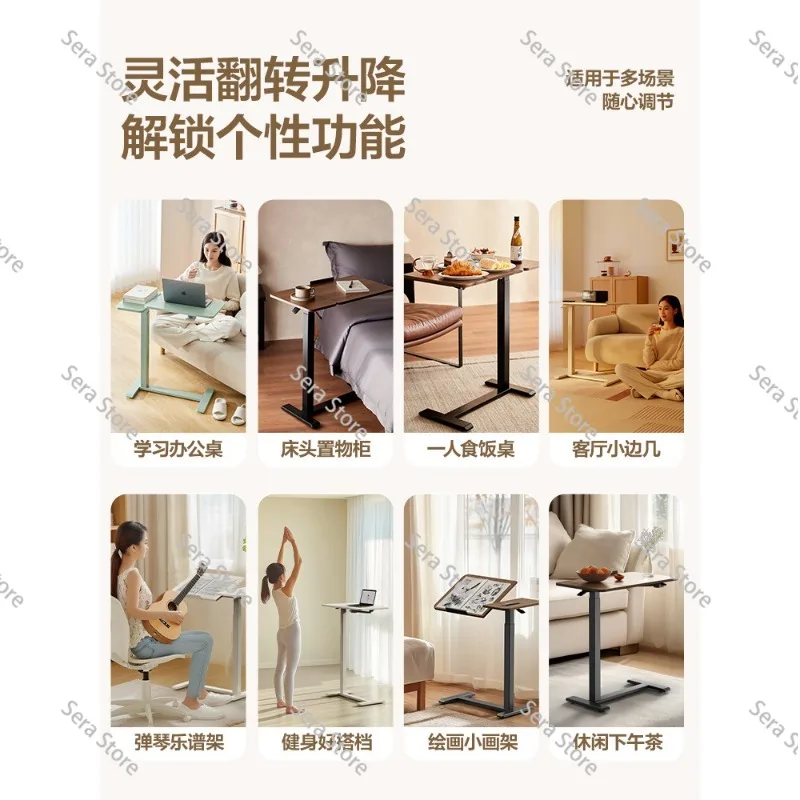 Mobile Height Adjustable Hydraulic Bedside Table Flip Top Laptop Desk Rolling Overbed Side Table for Home Office Study Sofa