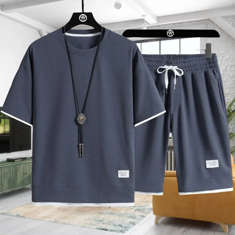 

New Summer Casual Sports Suit for Men - Breathable T-Shirt + Shorts Set, Men's Sports Solid-Color Loose-Fit Suit