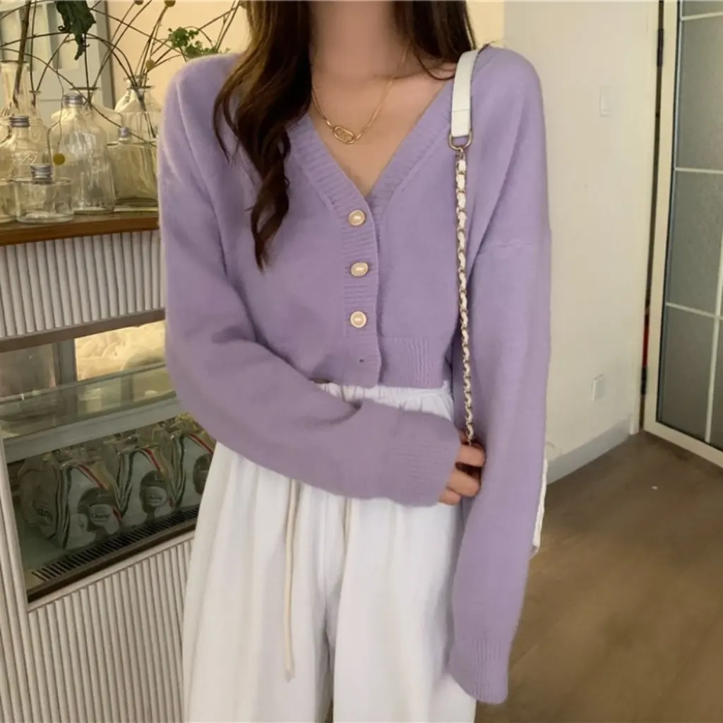 

Korean Style Women's V-neck Sweater Loose Lazy Long Sleeve Knitted Cardigan Coat Autumn New Gentle Sweet Short