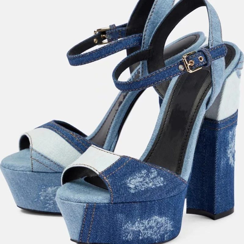 

Denim Patchwork Peep Toe Platform Summer Women Sandals Chunky High Heel Buckle Strap Design Large Size Fashion Lady Shoes