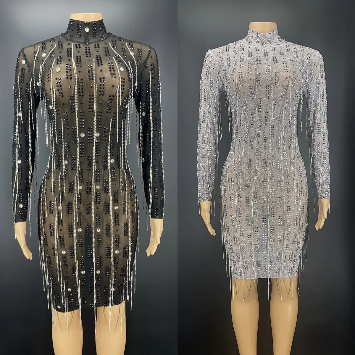 

Luxury Sparkly Rhinestone Fringe Bodycon Cocktail Mini Dress Women High Neck Long Sleeve Sheer Mesh Party Club Outfit Heitailang