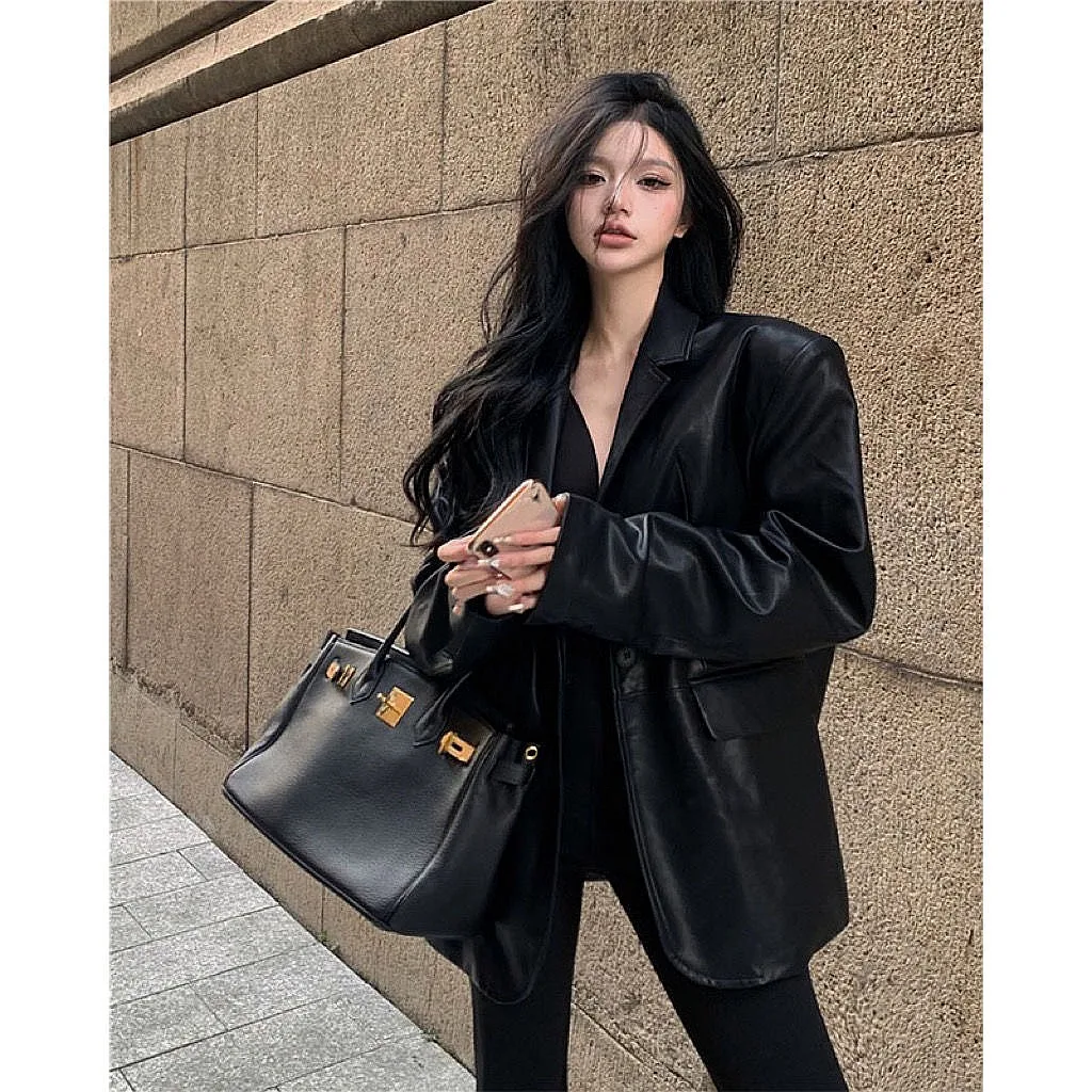 Cool Leather Blazer Coats Spring Fall Motorcycle Blazers Long Sleeve Tops Women Streetwear