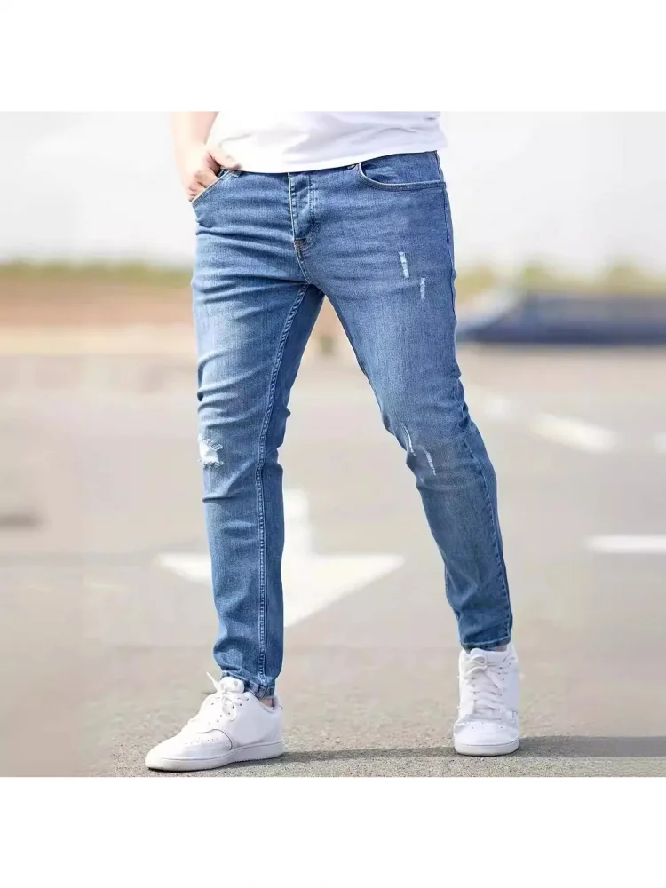 

Американские эластичные облегающие мужские джинсы, модные городские повседневные хлопковые джинсовые дышащие длинные брюки со средней талией на молнии