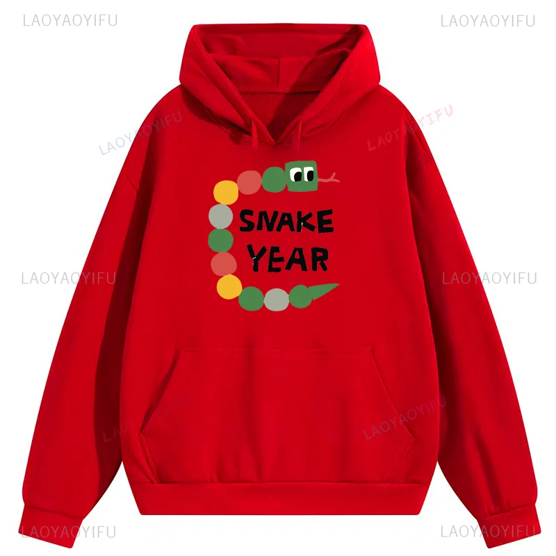 Kawaii lustige Cartoon-Schlange, Jahr 2025, Frau, bedruckter Kapuzenpullover, chinesisches Mondneujahr, Unisex, Erwachsene, Tropfen-Schulter-Pullover, Heimparty