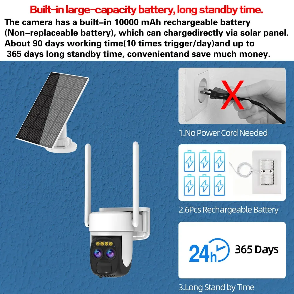 8MP 4K Dual Lens Solar Wifi PTZ Camera Outdoor with Auto Tracking 10X Zoom Full Color Night Vision Wireless Security CCTV Camera