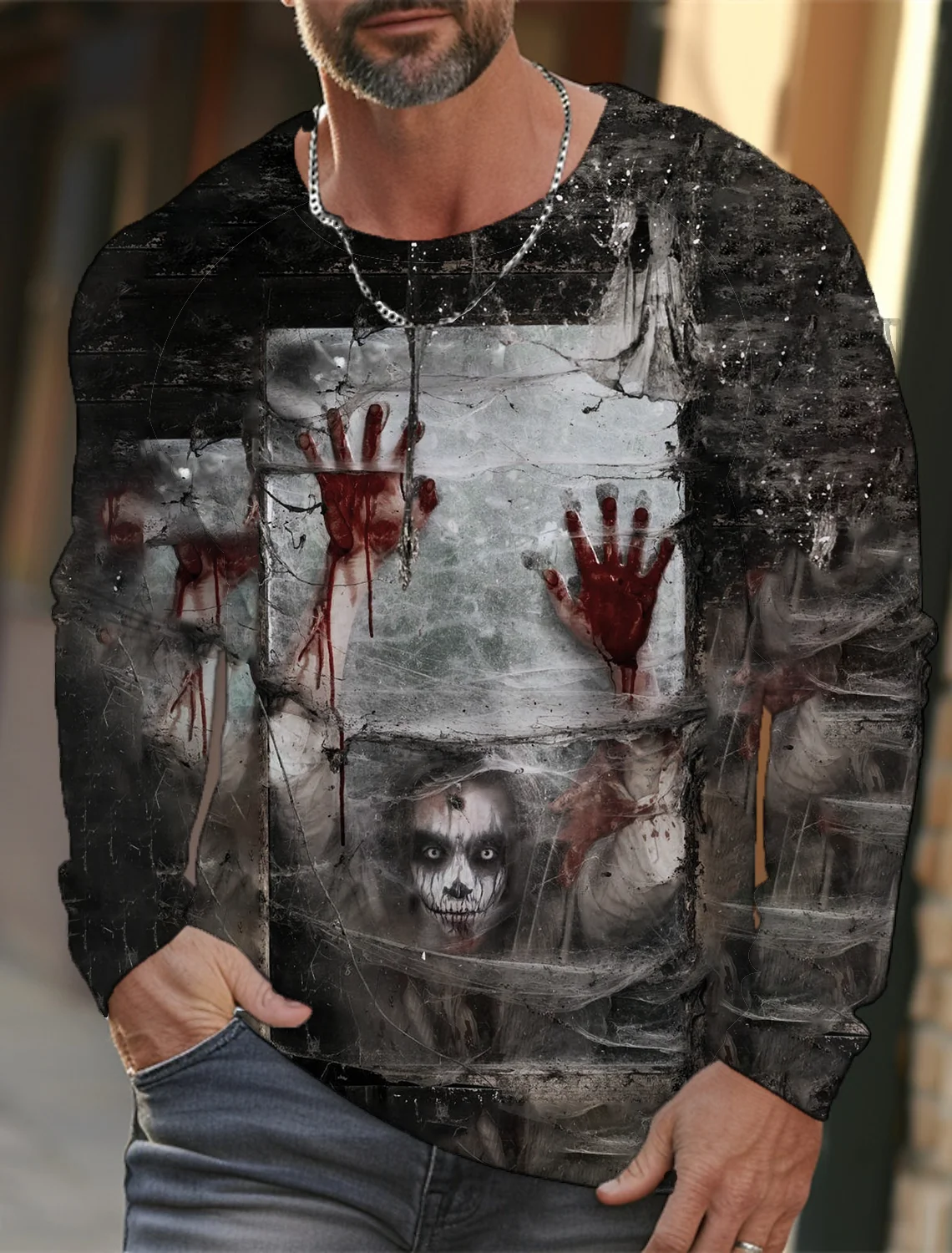 2024 Autumn and Winter Men's Long Sleeve Halloween 3D Printed Blood Printed T-Shirt Men's Streetwear Round Neck Long Sleeve