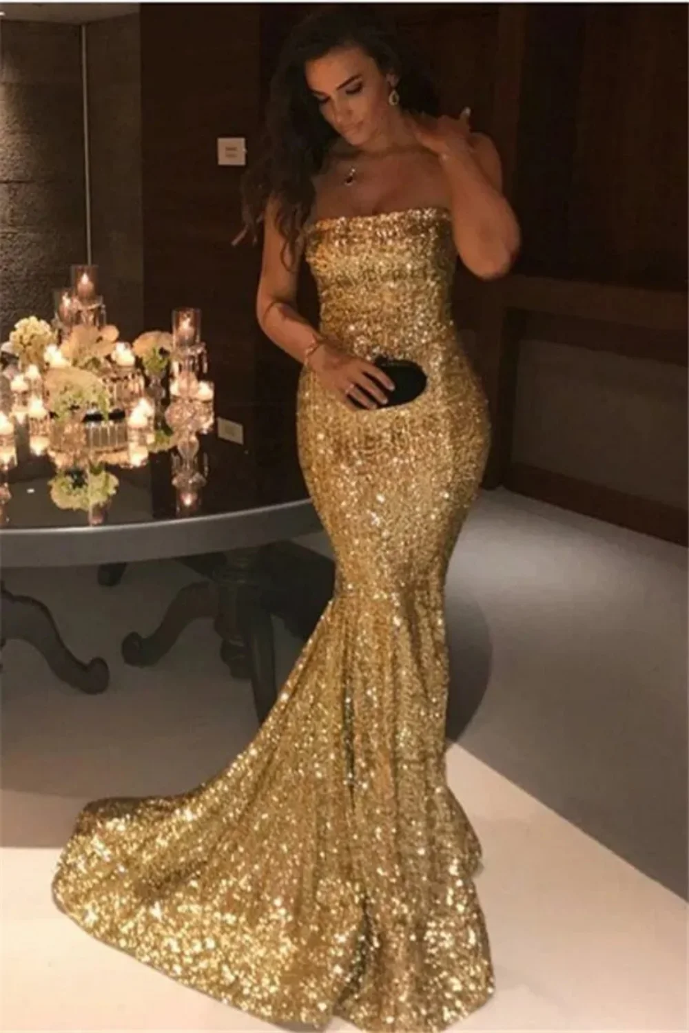 

Sexy Strapless Fashion Evening Dress Sparkly Sequin Mermaid Sweep Train Prom Dress Custom Robe de soirée 2024 Formal Party Dress