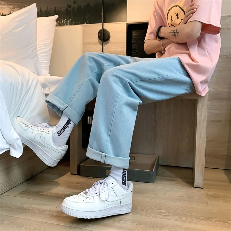 

Spring Summer Men's Loose Straight Leg Jeans Thin Hanging Wide Leg Jeans Casual Cotton Denim mid Waist Trendy Dad Pants