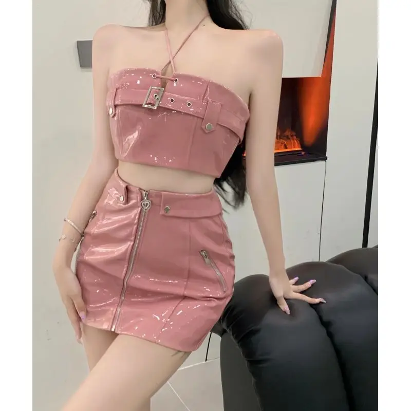 MiiiiX Sexy Hot Girl Dress Set Women Pink Halter Tube Top High Waist Slimming Leather Short Skirt Two-piece Suit Female Clothes