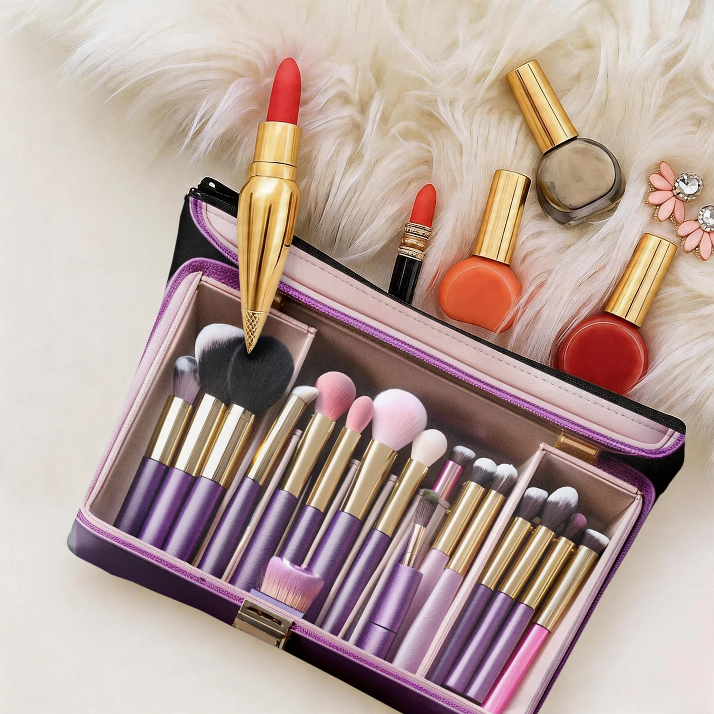 Makeup Bag with Purple - Themed Makeup Brushes Print Portable Cosmetic Tool Organizer Women's clothing