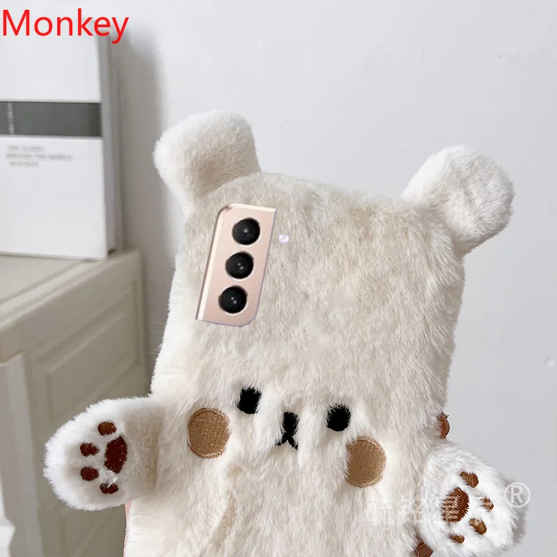 Cute Brown Bear Fur Phone Cases For Samsung S23 S22 S21 FE S20 Note20 A21S A71 A12 A22 A32 A52S A72 Autumn Winter Tpu Case Cover