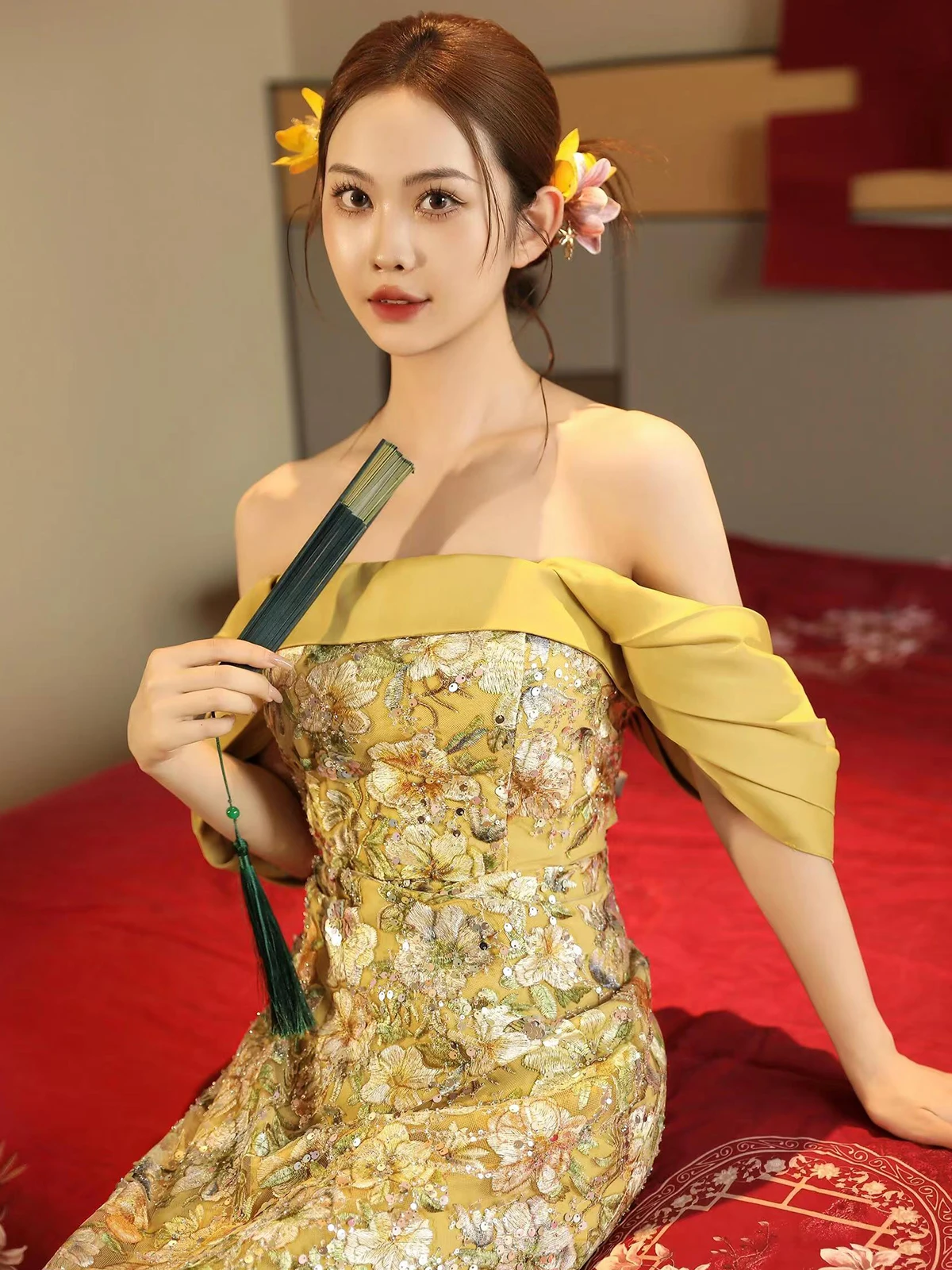 

Ele New Chinese Sle Morning Robe One oulder Wedding Dr Design Sensation for Bride Cus Made Long Evening Gown