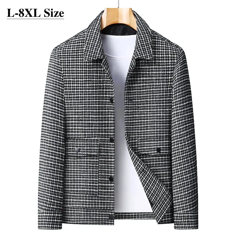 

Winter Autumn Men's Casual Jacket Plus Size Loose Fashion Lapel Houndstooth Brand Coats Black Brown Male Outerwear 6XL 7XL 8XL