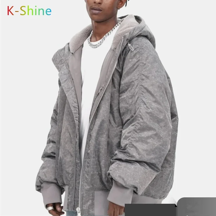 Winter new thickened warm snow pattern flight jacket men's hip-hop loose hooded down jacket with lambs wool hood