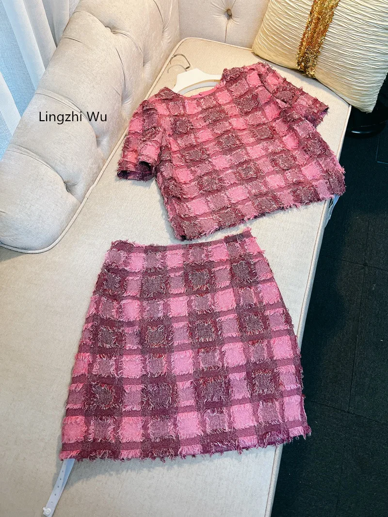 Lingzhi Wu French Elegant Luxury Top Quality Ladies Plaid Tassel Skirt Set Rose Red Top Skirts Suit O-Neck Tweed Twinset