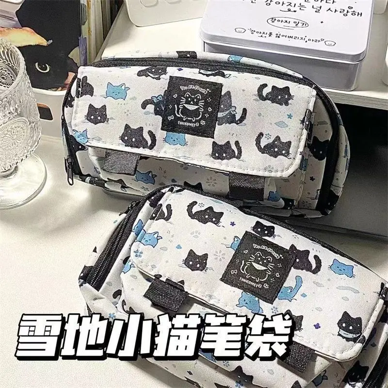 Popular Cute Snow Cat Case, High Aesthetic Value, Cute, Large Capacity, Multi-Layer Storage, Student Flip-Top Pencil Case