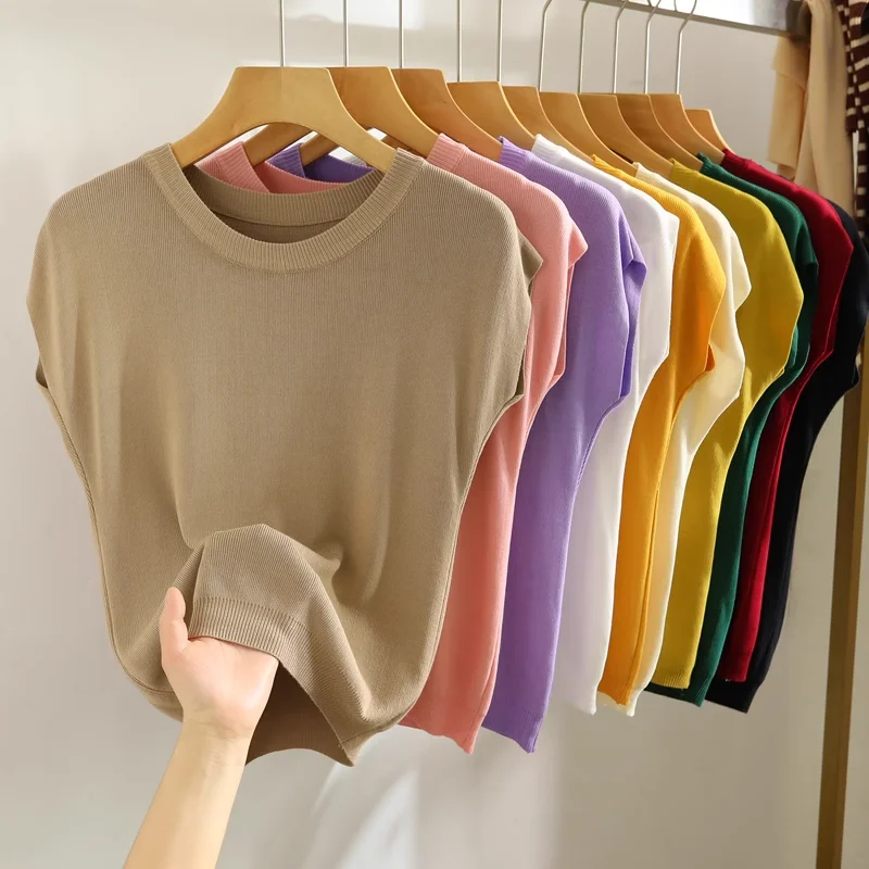 Summer Ice Silk Knit T-Shirts Women's O Neck Slim Solid Color Short Sleeve Top Fashion Elastic Camise Shirt for Women 2024