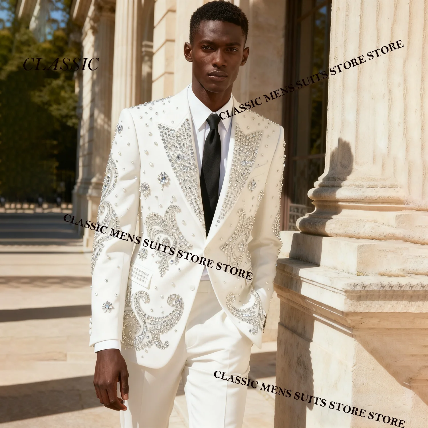 

Glitter Rhinestone Crystals Men Suits Groom Tuxedos Wedding Male Party 2 Pieces Sets Blazer Peaked Lapel Ropa Hombre Customized