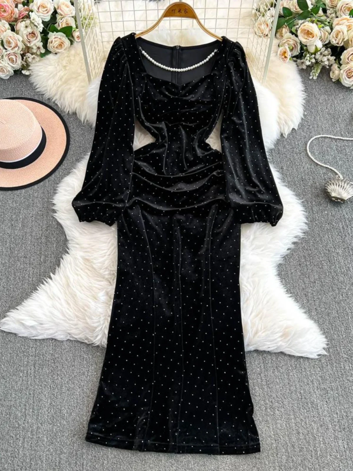 Neploe Office Lady Square Collar Rhinestone Ropa Femme Bodycon Mermaid Slim High Waist Robe Lantern Velvet Exquisite Korea Dress