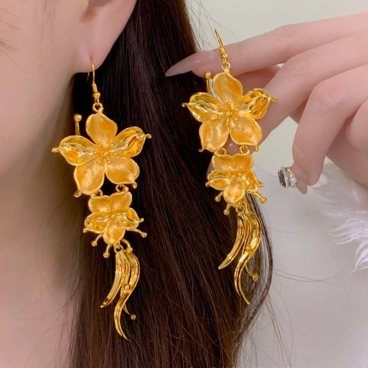 

Luxury 24K 9999 Pure Gold real gold Women's Lily Flower Pendant Earrings