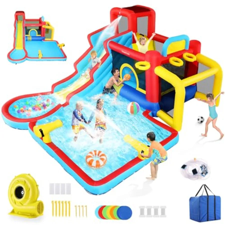 

Надувная водная горка для детей 8-12 лет с зоной для прыжков, футбольными воротами и вентилятором 550 Вт, синяя, для игр на заднем дворе