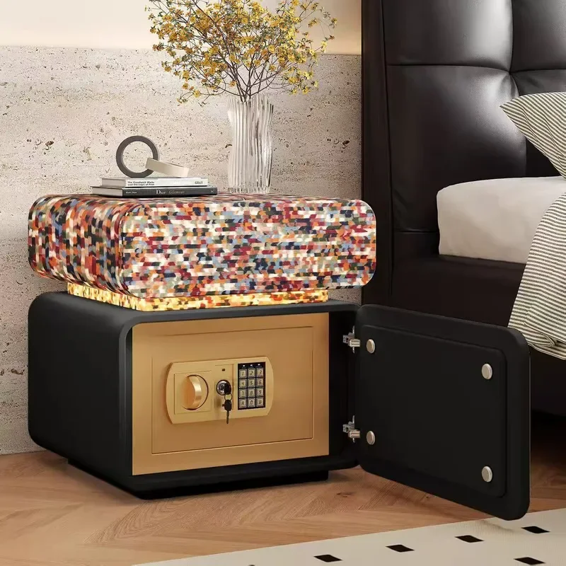 for Medieval Cream Style Solid Wood Bedside Table with Soft Upholstery Smart Storage Cabinet Safe Integrated Design for New