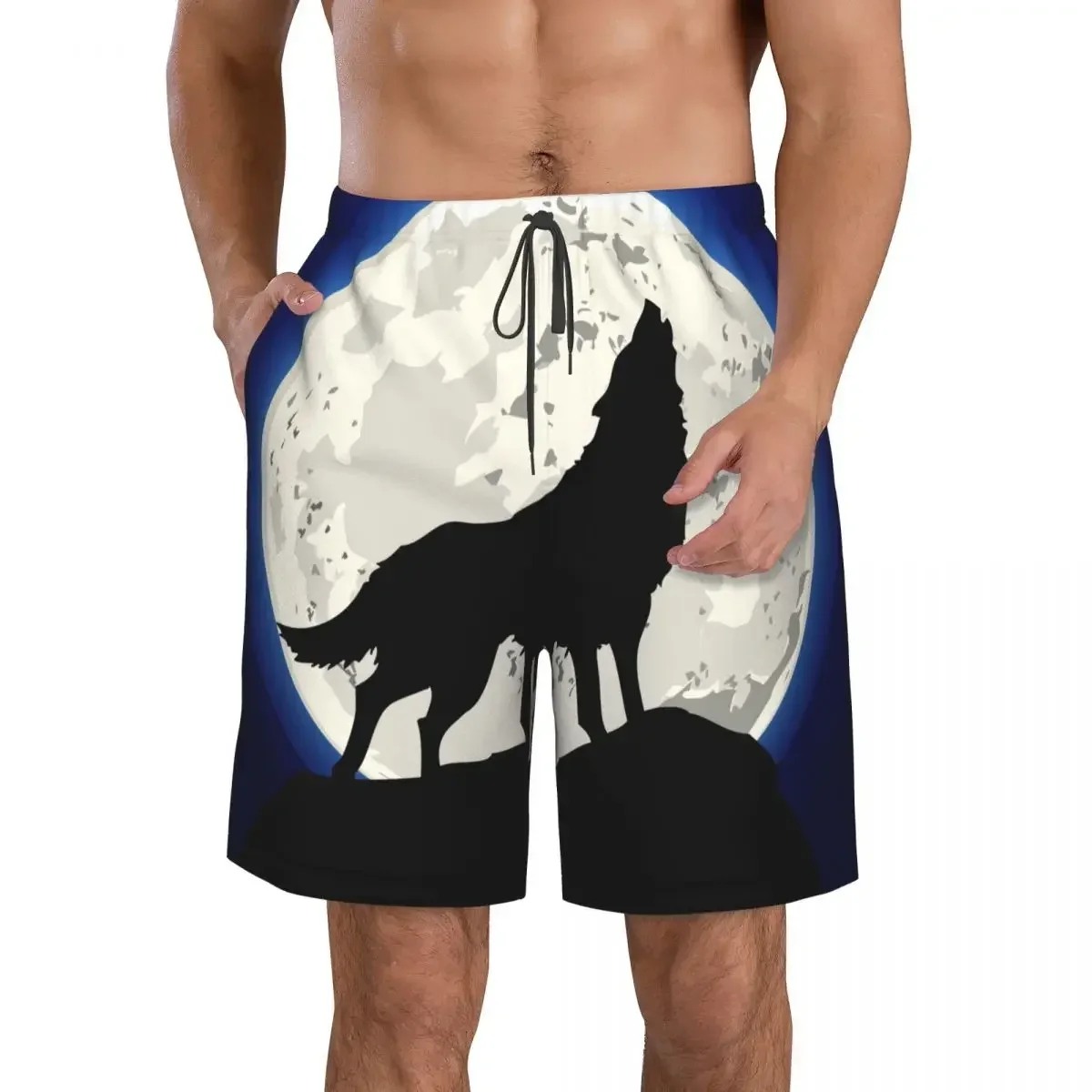 Mens Quick-drying Beachwear Howling Wolf In The Moon Night Swimsuit Men Bathing Suit Men's Swimwear