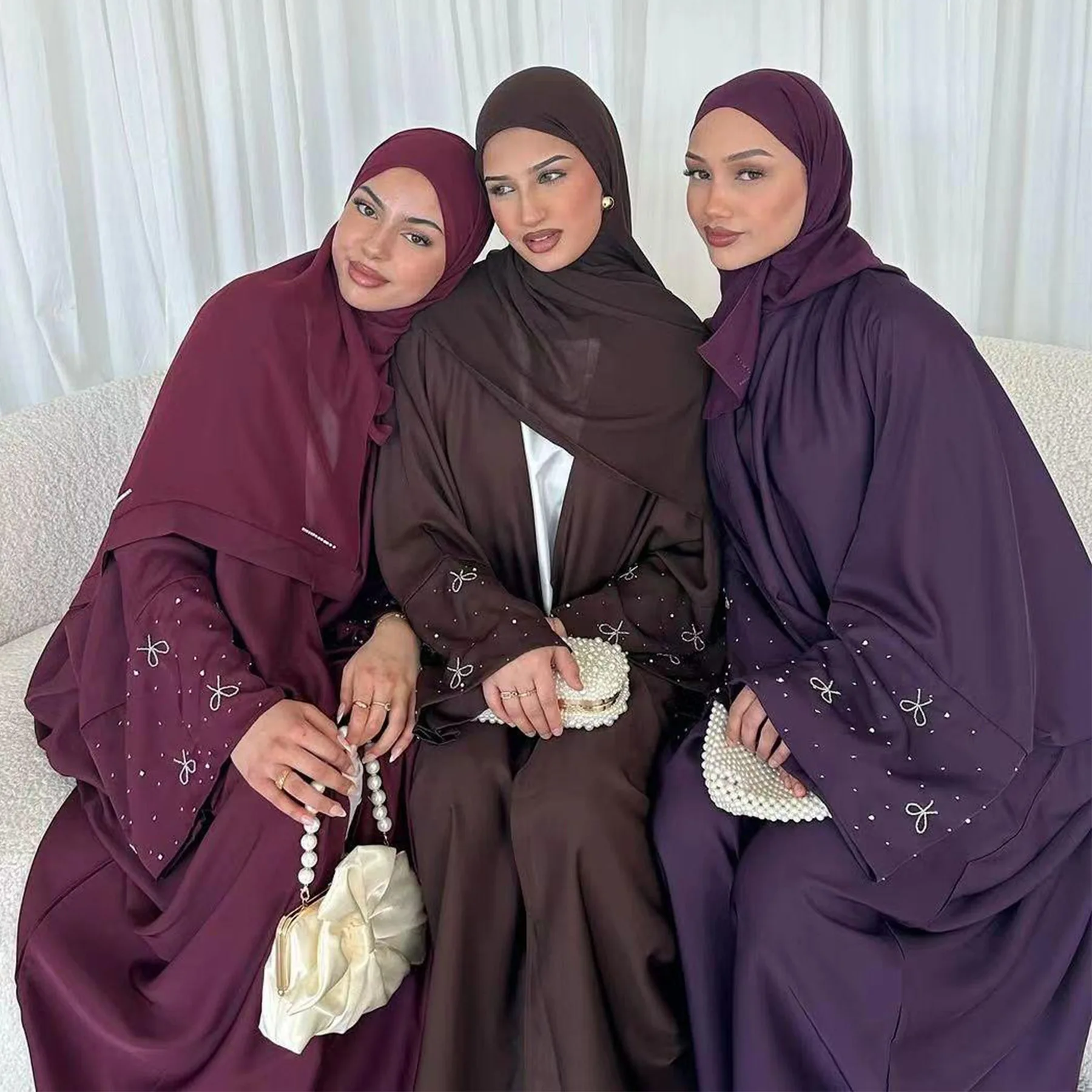 

Eid Beaded Open Abaya Dubai Luxury Bowknot Saudi Arabia Kimono Muslim Abayas for Women Turkish Dresses Islamic Clothing Kaftan