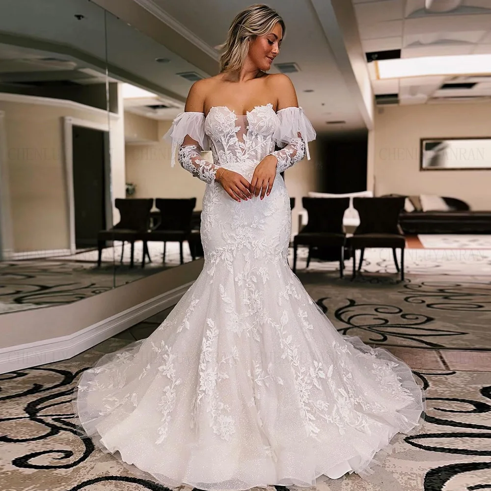 Mermaid Shiny Wedding Dresses For Women 2025 Sweetheart Long Bride Dress Puffy Sleeves Applique Dresses For Women Robe De Mariée
