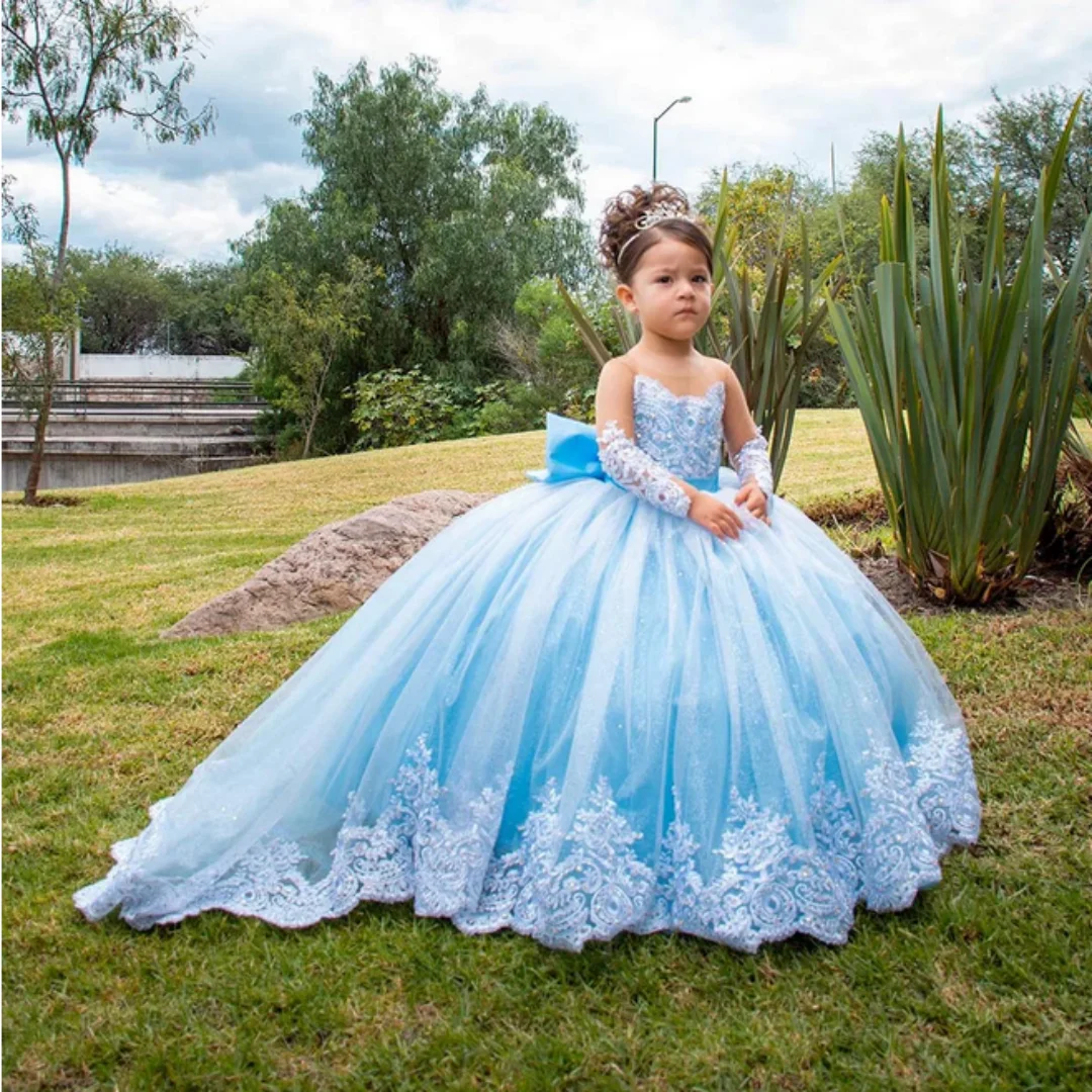 Vestidos brillantes de tul con lentejuelas para niños, vestidos de flores para niñas, cuello redondo, lazo hinchado, fiesta de cumpleaños, vestidos de boda con tren desmontable