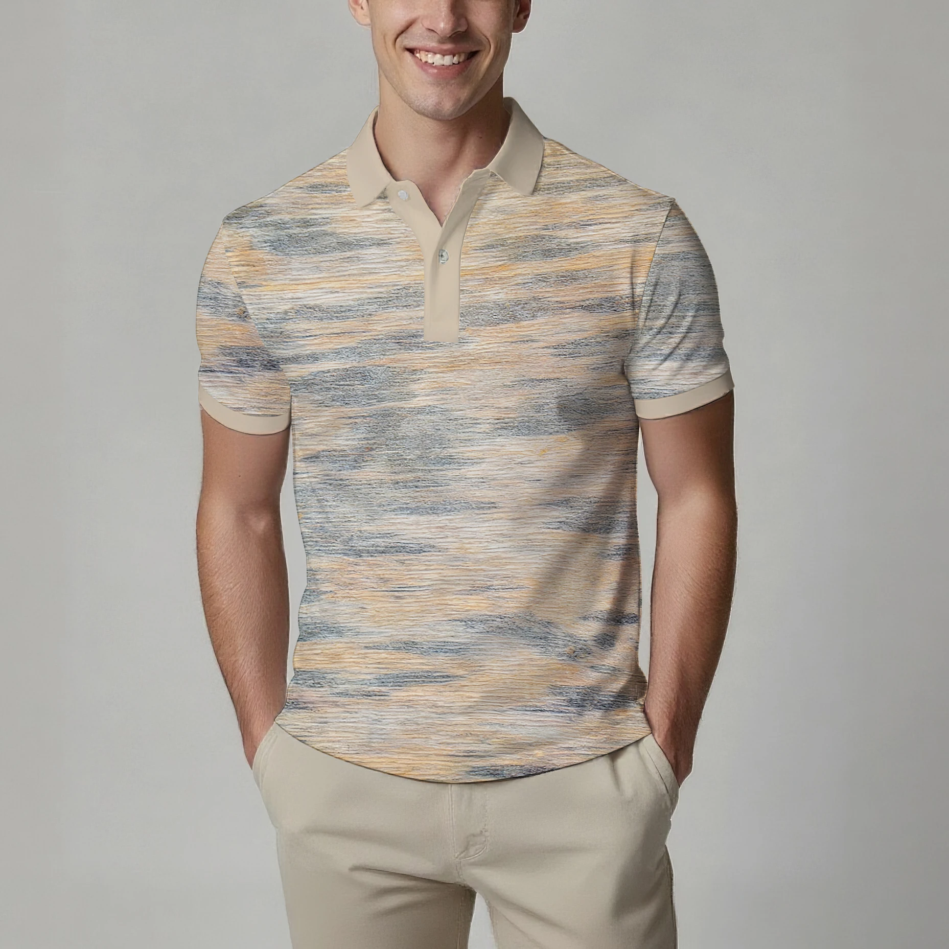 

Новая летняя мужская рубашка ПОЛО с короткими рукавами, модный топ на пуговицах с лацканами, полосатый геометрический дизайн, повседневная деловая мода