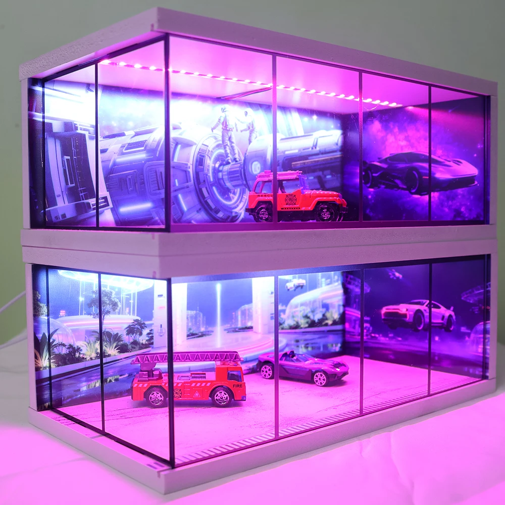

1/64 Scale Car Garage Diorama Models Set Scene LED Parking Lot Models Set Collection Box for Matchbox Hot Wheels Collection