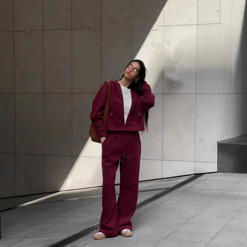 

European and American spring and autumn fashion hooded zipper pocket sweater set casual drawstring pocket straight pants set