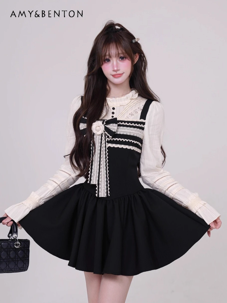 

French Style Sweet Mini Dress for Women Cute Bowknot Patchwork Fake Two-Piece Long Sleeve Slim Puffy Black Dresses Autumn New