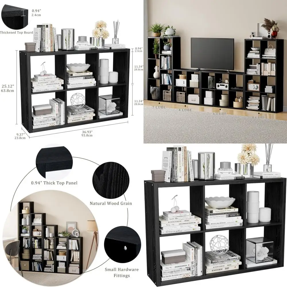 

Органайзер-стеллаж на 6 ячеек с открытой задней стенкой, утолщенными краями, идеально подходит для гостиной или домашнего офиса, прочный и декоративный, черный