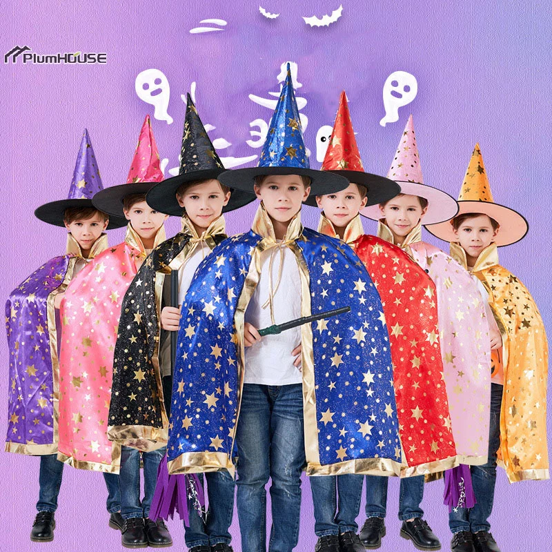 Children Cloak With Witch Hat for BoysGirl Cosplay Costume Teens Black Purple Red Carnival Photography Props Kids Christmas Cape