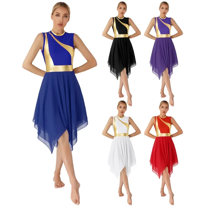 Womens Ballet Lyrical Dance Dress Sleeveless Praise Etiquette Dance Dress Irregular Hem Liturgical skirts Worship Church Costume