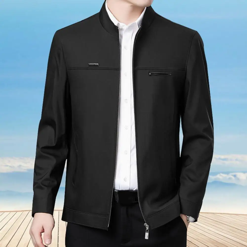 Spring Fall Men Jacket Solid Color Stand Collar Mid-aged Father Coat  Business Style Long Sleeve Smooth Zipper Closure Outerwear