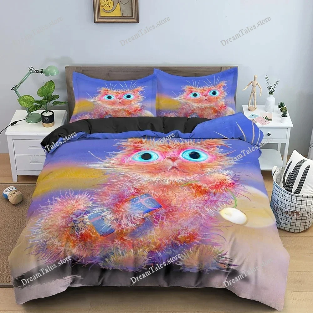 Bedding Set Watercolor Cartoon Cat Boys Girls Twin Queen Size Duvet Cover Pillowcase Bed Boys Adult Home Textileextile 4