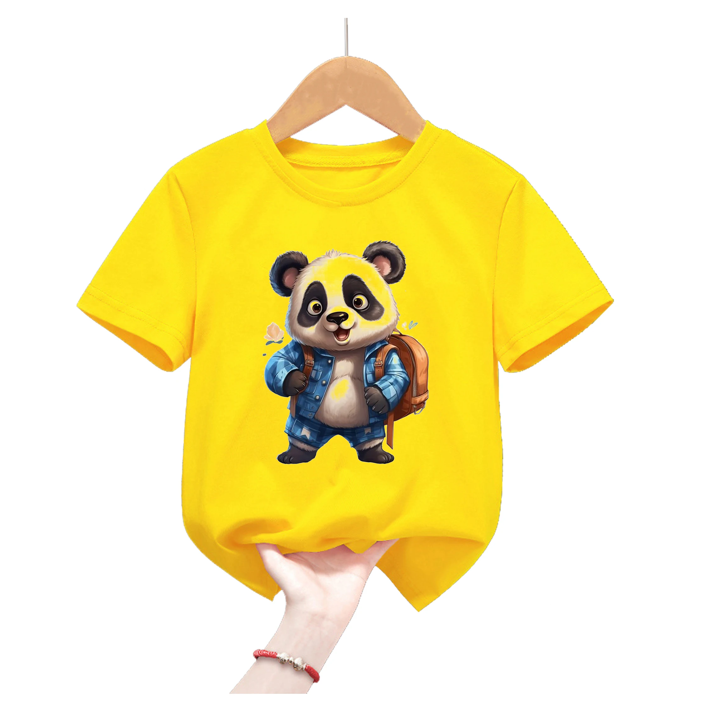 

Funny Pandas Go To School Animal Print Yellow T Shirt For Girls/Boys Kawaii Kids Clothes Summer Short Sleeve Children'S Clothing