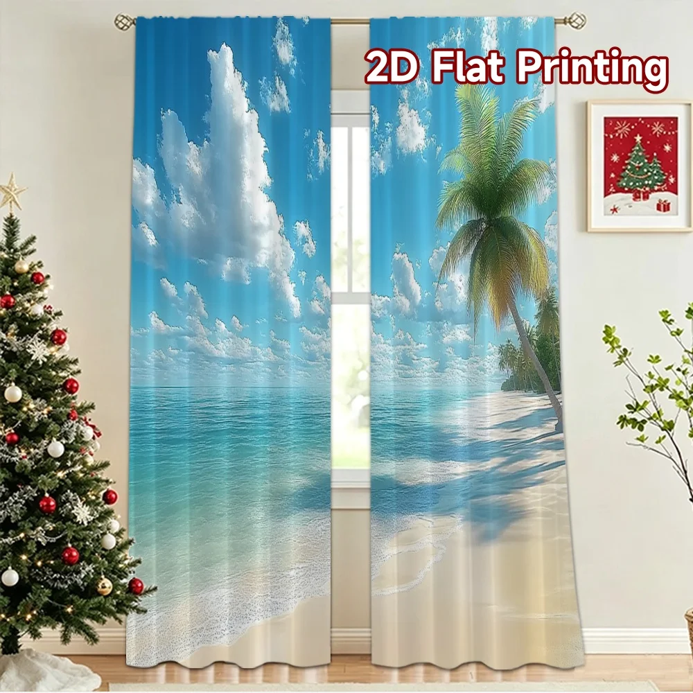 2D flat 2pcs Curtain Vintage drapes and curtains Tropical Beach Paradise (2) Digitally printed polyester, colorfast Party