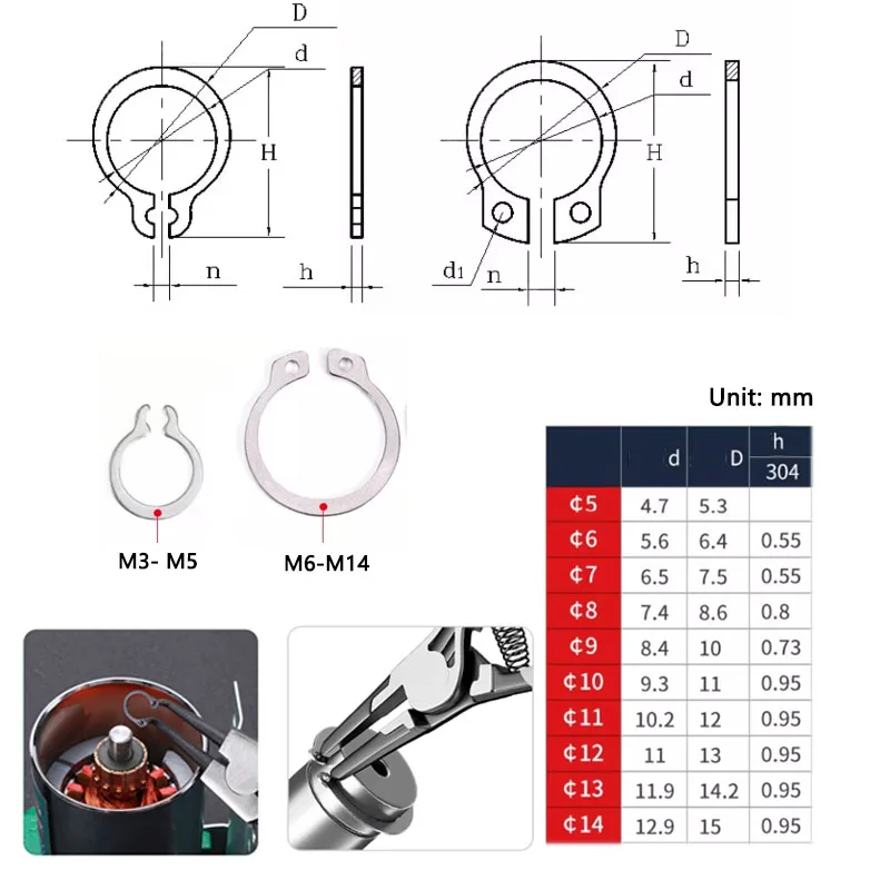 315Pc GB894 M3-M14 304 Stainless Steel Shaft Bearing Retaining Clip Snap Ring C Type External Retaining Rings Assortment Kit Set