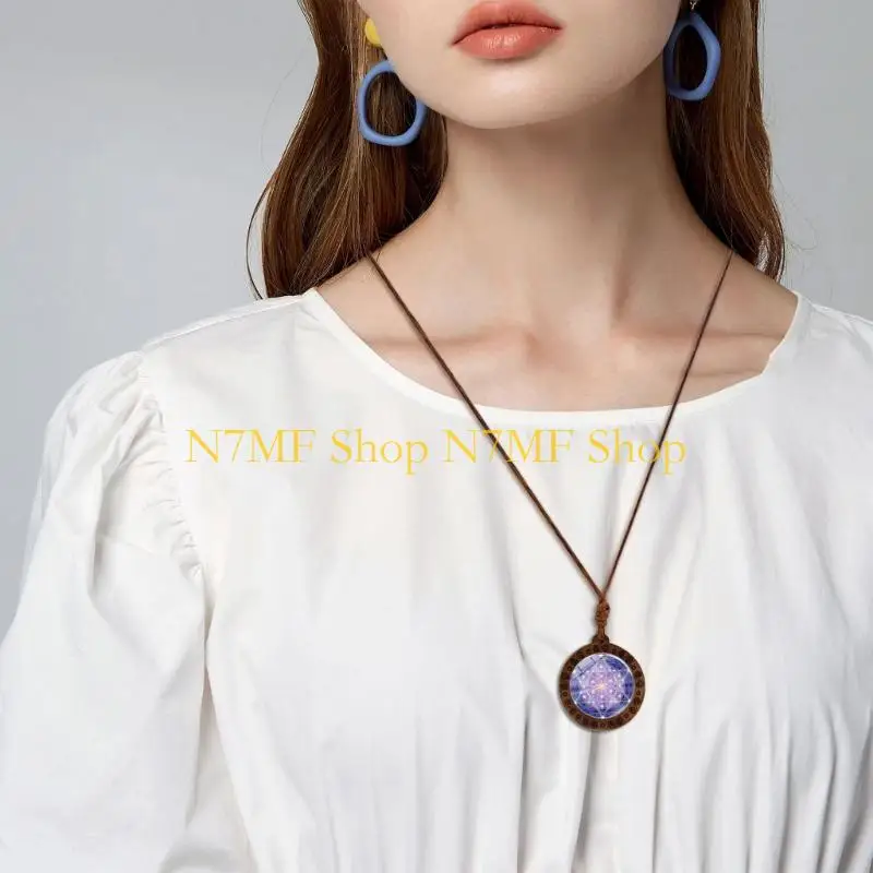 N7MF قلادة الخشب الروحية القلادة المقدسة والرمزية سري يانترا قلادة قلادة