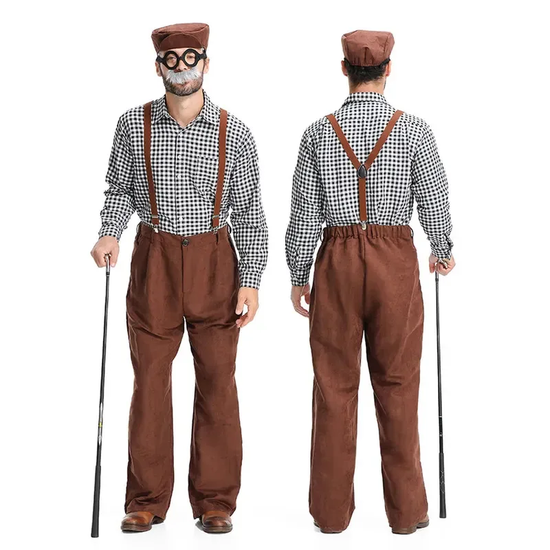 Sky01 Umorden الكبار الرجال الجد الرجل العجوز زي مجموعة بسيطة بنطلون مع الحمالات أحمر أسود منقوشة قميص قبعة الشارب GlSd01$